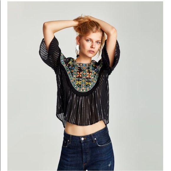 Zara Embroidered Sheer Boho Blouse Fringe Trim Bell Sleeves Festival Black M - Picture 3 of 15